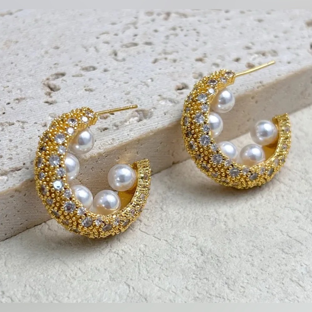 Anthropologie Gold and Pearl Crescent Earrings